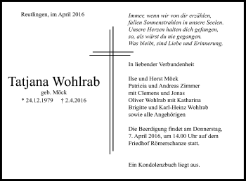 Anzeige von Tatjana Wohlrab von Reutlinger Generalanzeiger