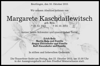 Anzeige von Margarete Kaschdailewitsch von Reutlinger Generalanzeiger