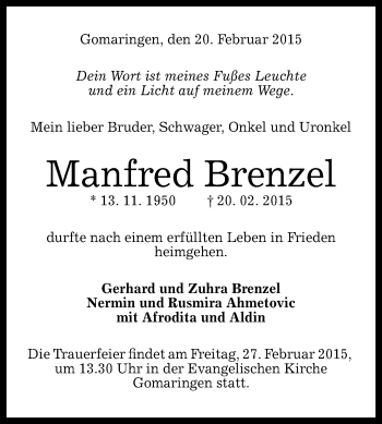 Anzeige von Manfred Brenzel von Reutlinger Generalanzeiger
