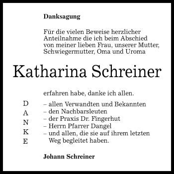 Anzeige von Katharina Schreiner von Reutlinger Generalanzeiger
