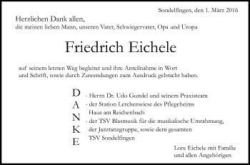 Anzeige von Friedrich Eichele von Reutlinger Generalanzeiger vom 01.03.2016