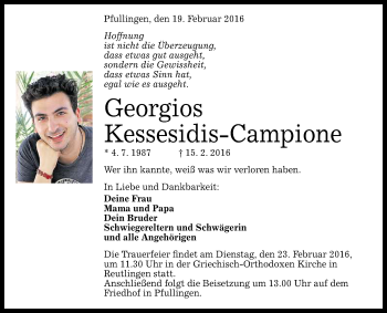Anzeige von Georgios Kessesidis-Campione von Reutlinger Generalanzeiger