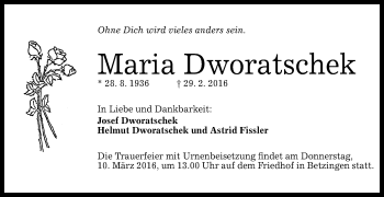 Anzeige von Maria Dworatschek von Reutlinger Generalanzeiger