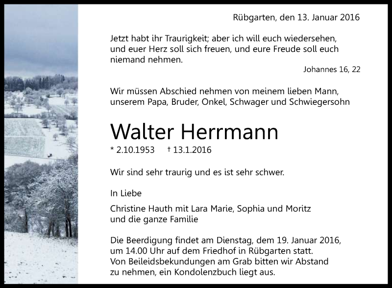  Traueranzeige für Walter Herrmann vom 16.01.2016 aus Reutlinger Generalanzeiger