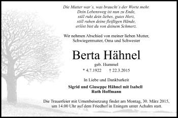 Anzeige von Berta Hähnel von Reutlinger Generalanzeiger