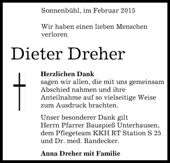 Anzeige von Dieter Dreher von Reutlinger Generalanzeiger