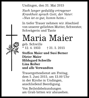 Anzeige von Maria Maier von Reutlinger Generalanzeiger