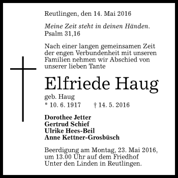 Anzeige von Elfriede Haug von Reutlinger Generalanzeiger