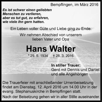 Anzeige von Hans Walter von Reutlinger Generalanzeiger