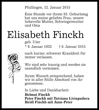 Anzeige von Elisabeth Finckh von Reutlinger Generalanzeiger