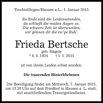 Anzeige von Frieda Bertsche von Reutlinger Generalanzeiger