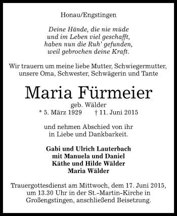 Anzeige von Maria Fürmeier von Reutlinger Generalanzeiger