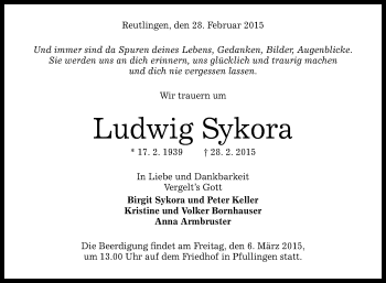 Anzeige von Ludwig Sykora von Reutlinger Generalanzeiger