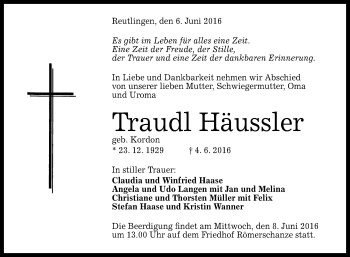Anzeige von Traudl Häussler von Reutlinger Generalanzeiger