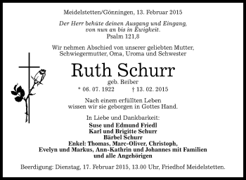 Anzeige von Ruth Schurr von Reutlinger Generalanzeiger