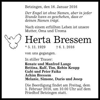 Anzeige von Herta Bressem von Reutlinger Generalanzeiger