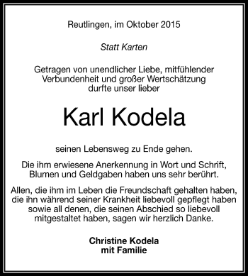Anzeige von Karl Kodela von Reutlinger Generalanzeiger
