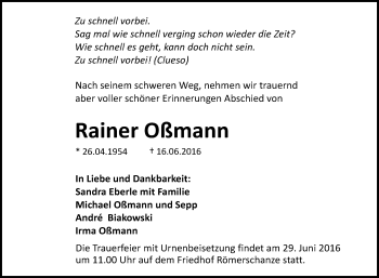 Anzeige von Rainer Oßmann von Reutlinger Generalanzeiger
