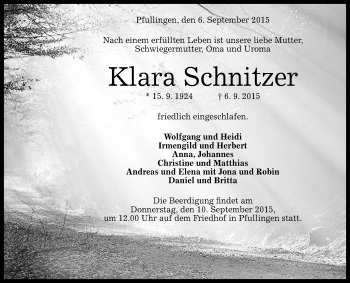 Anzeige von Klara Schnitzer von Reutlinger Generalanzeiger