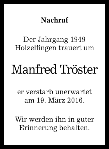 Anzeige von Manfred Tröster von Reutlinger Generalanzeiger