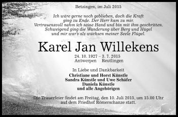 Anzeige von Karel Jan Willekens von Reutlinger Generalanzeiger