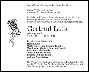 Anzeige von Gertrud Luik von Reutlinger Generalanzeiger