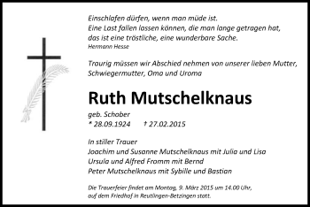 Anzeige von Ruth Mutschelknaus von Reutlinger Generalanzeiger