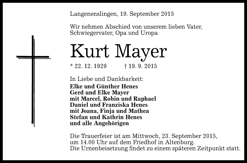  Traueranzeige für Kurt Mayer vom 22.09.2015 aus Reutlinger Generalanzeiger