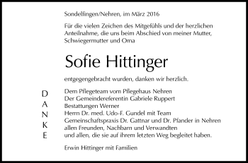 Anzeige von Sofie Hittinger von Reutlinger Generalanzeiger