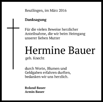 Anzeige von Hermine Bauer von Reutlinger Generalanzeiger