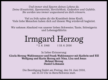 Anzeige von Irmgard Herzog von Reutlinger Generalanzeiger