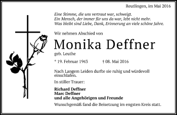 Anzeige von Monika Deffner von Reutlinger Generalanzeiger