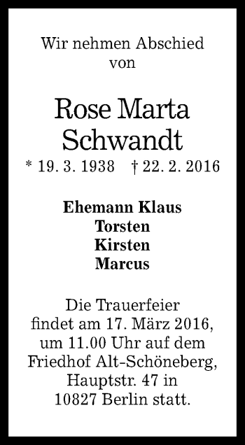 Anzeige von Rose Marta Schwandt von Reutlinger Generalanzeiger