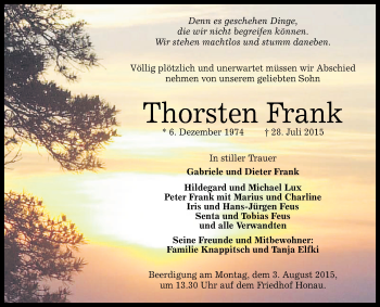 Anzeige von Thorsten Frank von Reutlinger Generalanzeiger