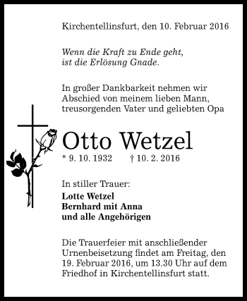 Anzeige von Otto Wetzel von Reutlinger Generalanzeiger