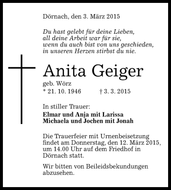 Anzeige von Anita Geiger von Reutlinger Generalanzeiger