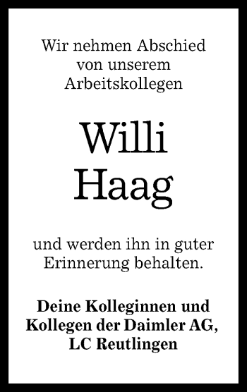 Anzeige von Willi Haag von Reutlinger Generalanzeiger