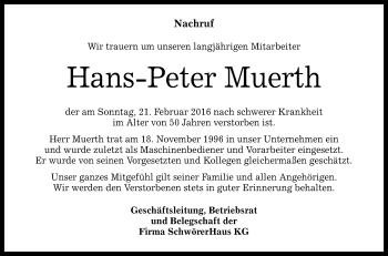 Anzeige von Hans-Peter Muerth von Reutlinger Generalanzeiger