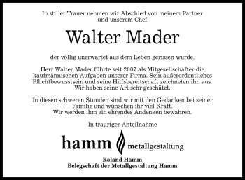 Anzeige von Walter Mader von Reutlinger Generalanzeiger
