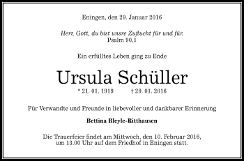 Anzeige von Ursula Schüller von Reutlinger Generalanzeiger