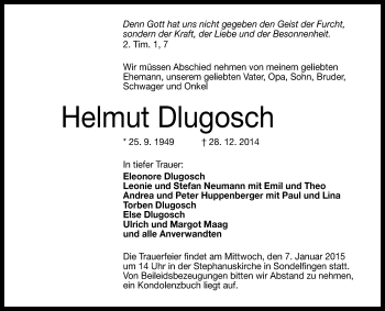 Anzeige von Helmut Dlugosch von Reutlinger Generalanzeiger