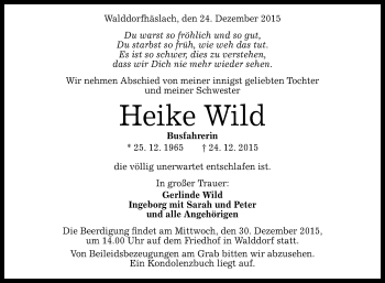 Anzeige von Heike Wild von Reutlinger Generalanzeiger