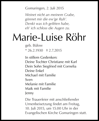 Anzeige von Marie-Luise Röhr von Reutlinger Generalanzeiger