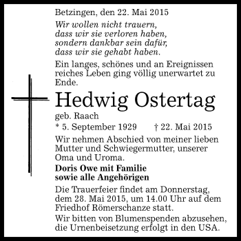 Anzeige von Hedwig Ostertag von Reutlinger Generalanzeiger