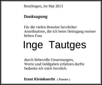 Anzeige von Inge Tautges von Reutlinger Generalanzeiger