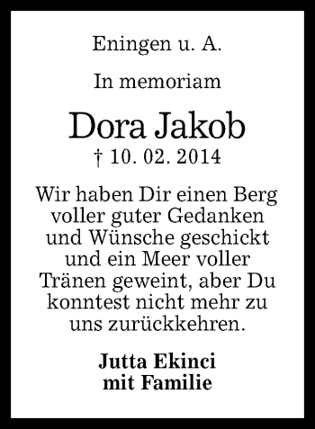 Anzeige von Dora Jakob von Reutlinger Generalanzeiger
