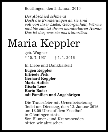 Anzeige von Maria Keppler von Reutlinger Generalanzeiger