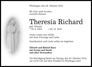 Anzeige von Theresia Richard von Reutlinger Generalanzeiger