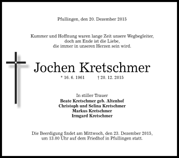 Anzeige von Jochen Kretschmer von Reutlinger Generalanzeiger