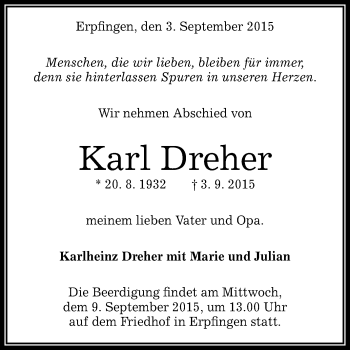 Anzeige von Karl Dreher von Reutlinger Generalanzeiger